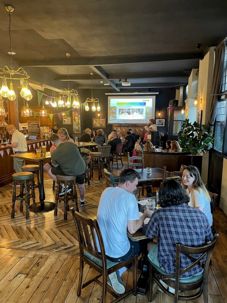Guests seated at tables during a pub quiz at The Cambria