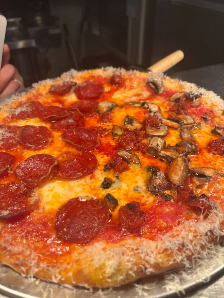 Pizza topped with pepperoni, mushrooms and melted cheese
