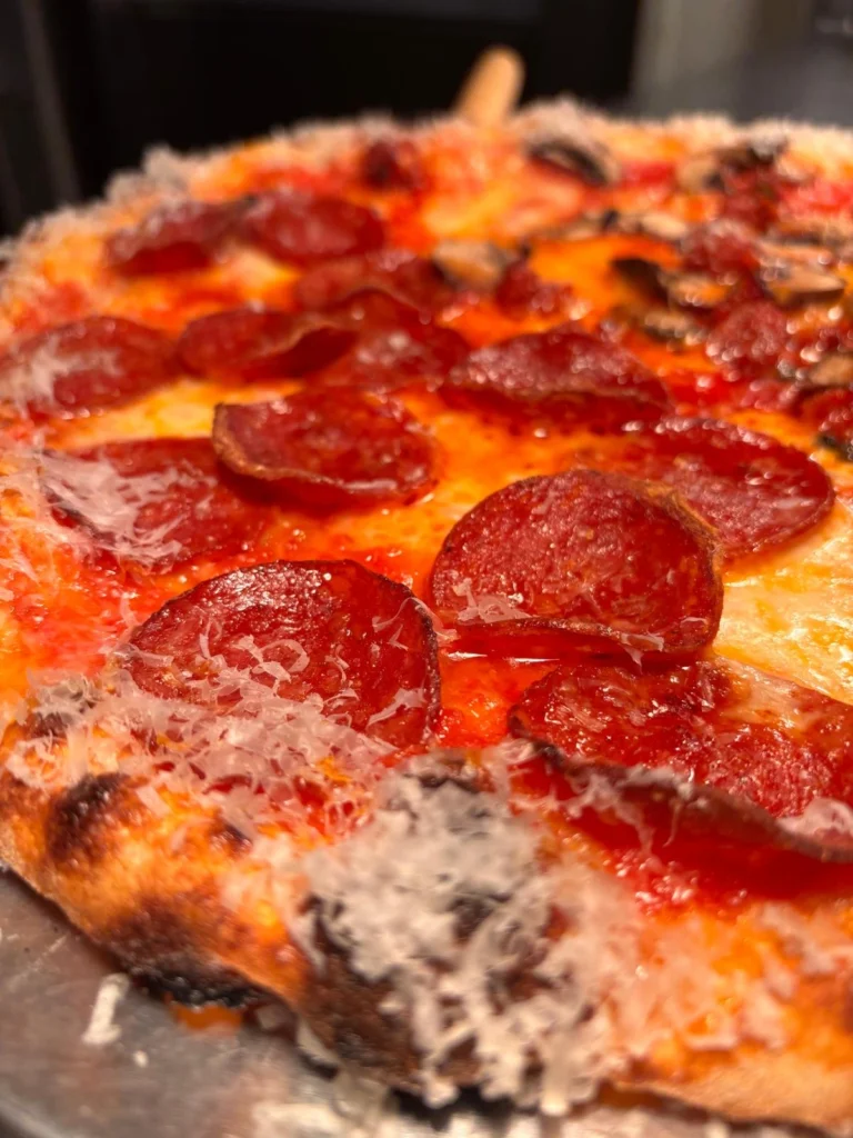 Close-up of pepperoni pizza with crisp edges and grated cheese